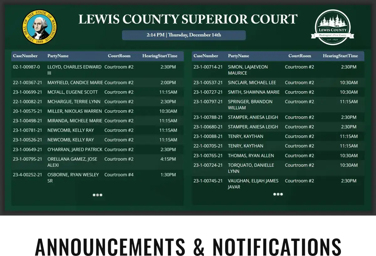 Lewis County Superior Court digital signage screen from Reach Media Network displaying court case schedules and locations.