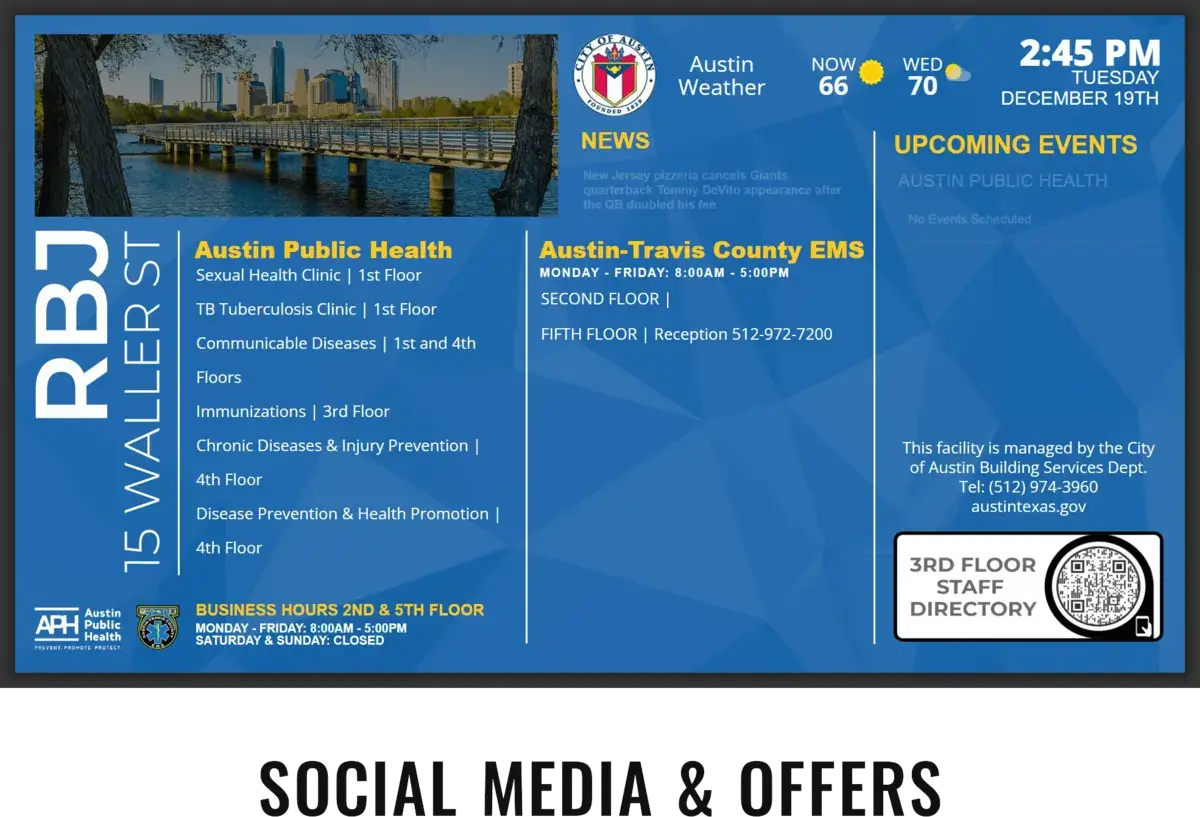City of Austin digital signage screen from Reach Media Network displaying upcoming events, news, and building directory.