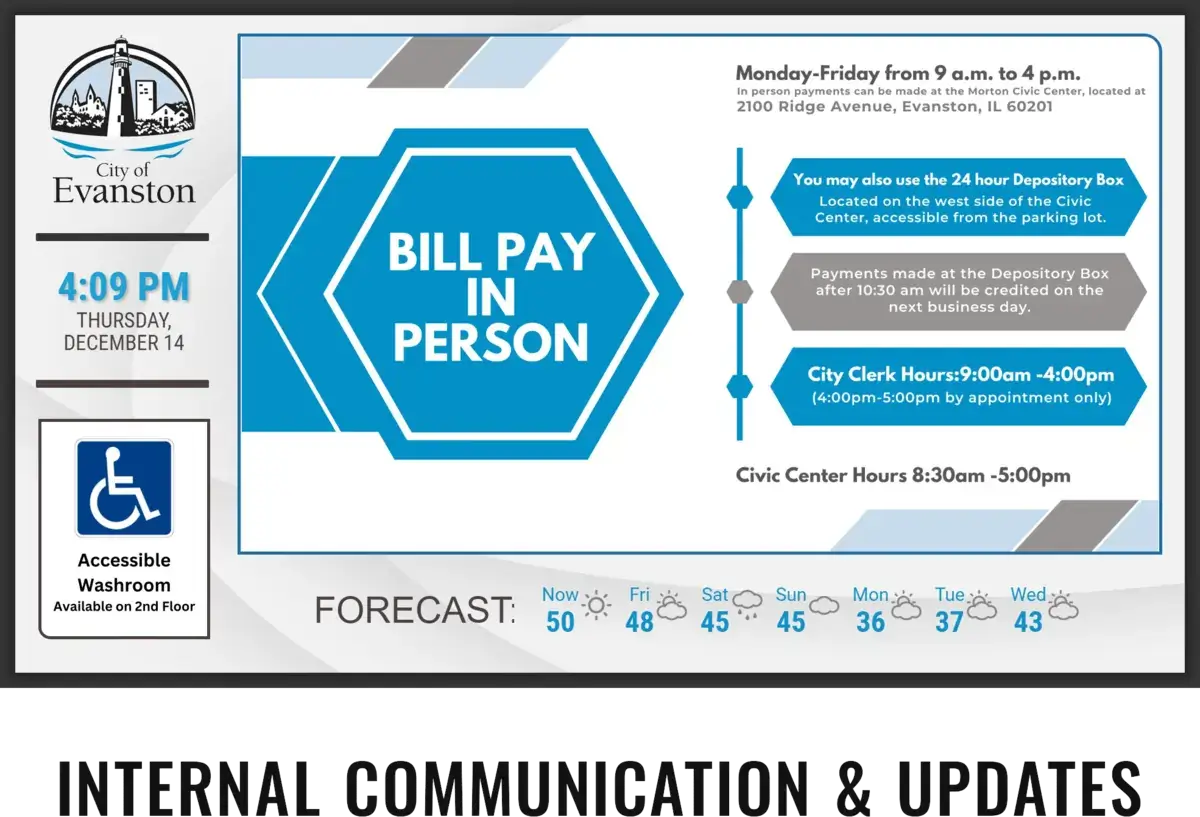 City of Evanston digital signage screen from Reach Media Network displaying weather and announcements.