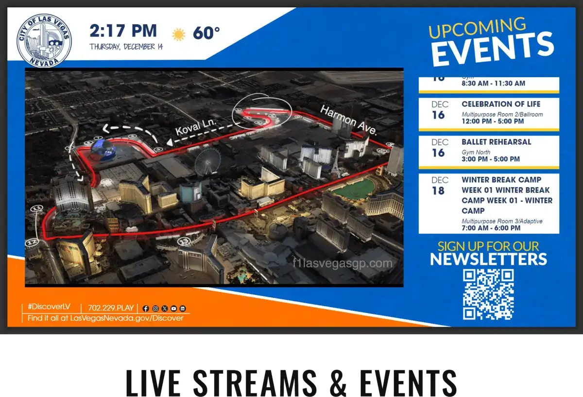 City of Las Vegas digital signage screen from Reach Media Network displaying upcoming events, QR code, and local map.