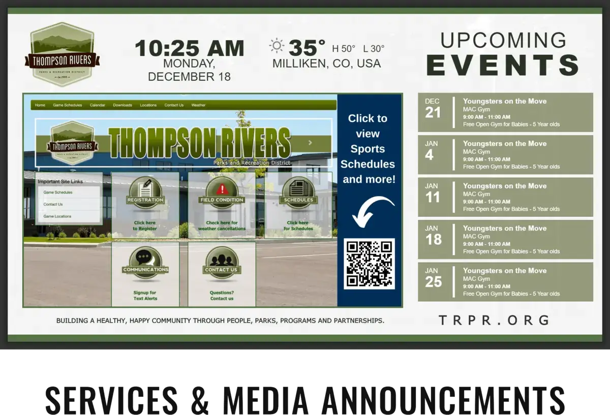 Thompson Rivers parks and recreation digital signage screen from Reach Media Network displaying upcoming events and announcements.