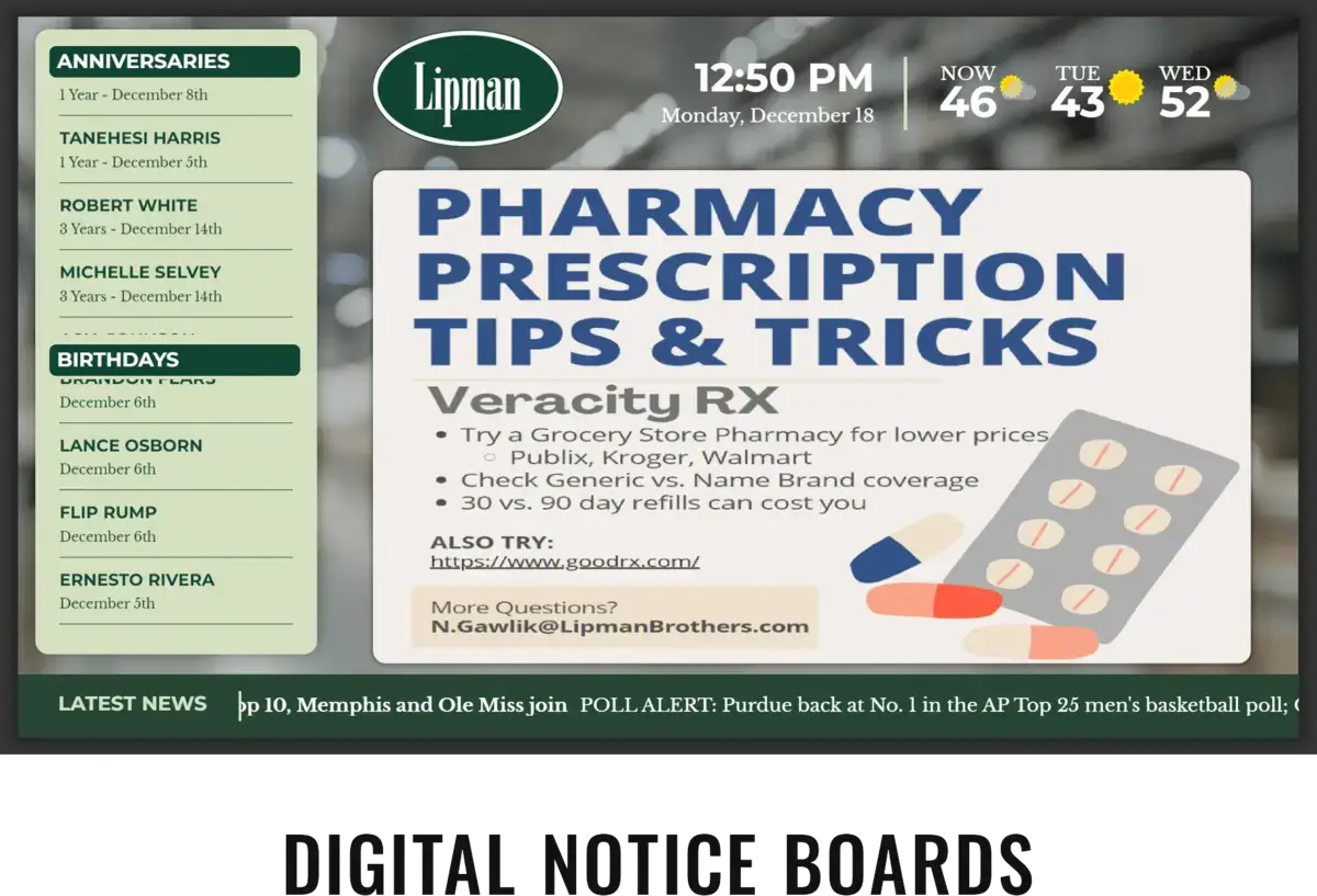 Lipman Brothers digital signage screen from Reach Media Network displaying anniversaries and birthdays, weather, and announcements.