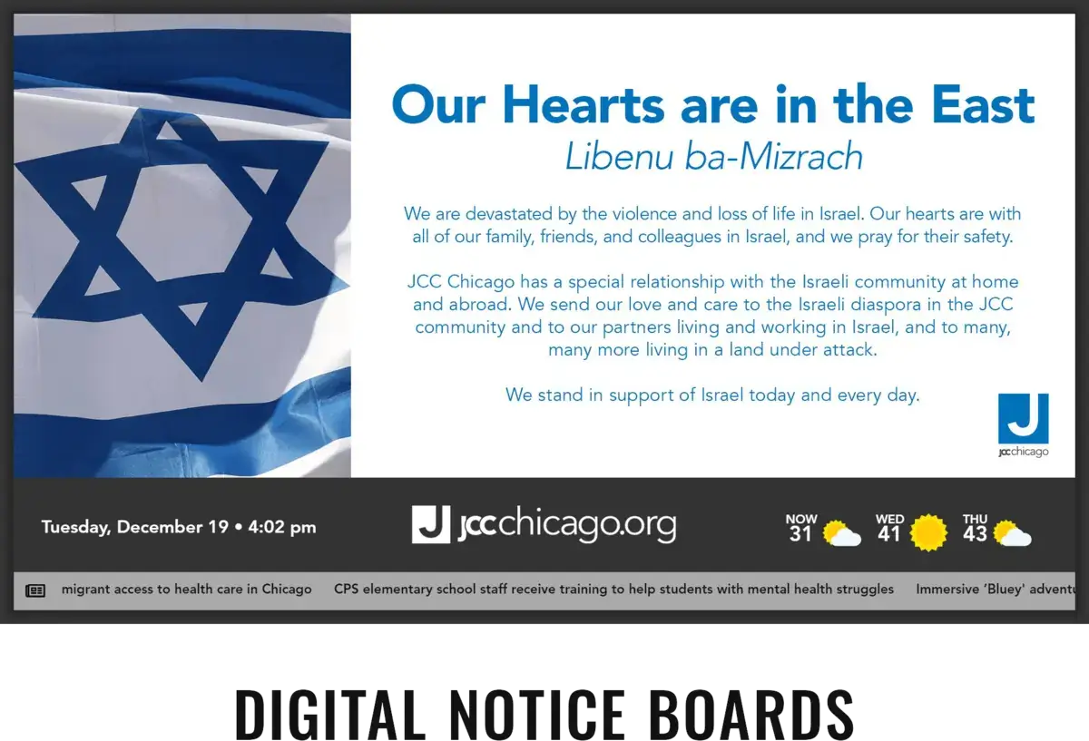 JCC Chicago digital signage screen from Reach Media Network displaying weather, news, and announcements.