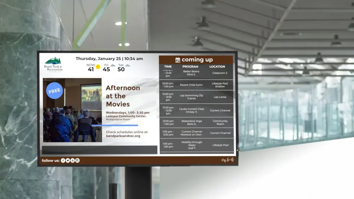 Reach Media Network Parks Rec digital signage Parks and rec digital signage screen displaying schedule and announcements, Reach Media Network