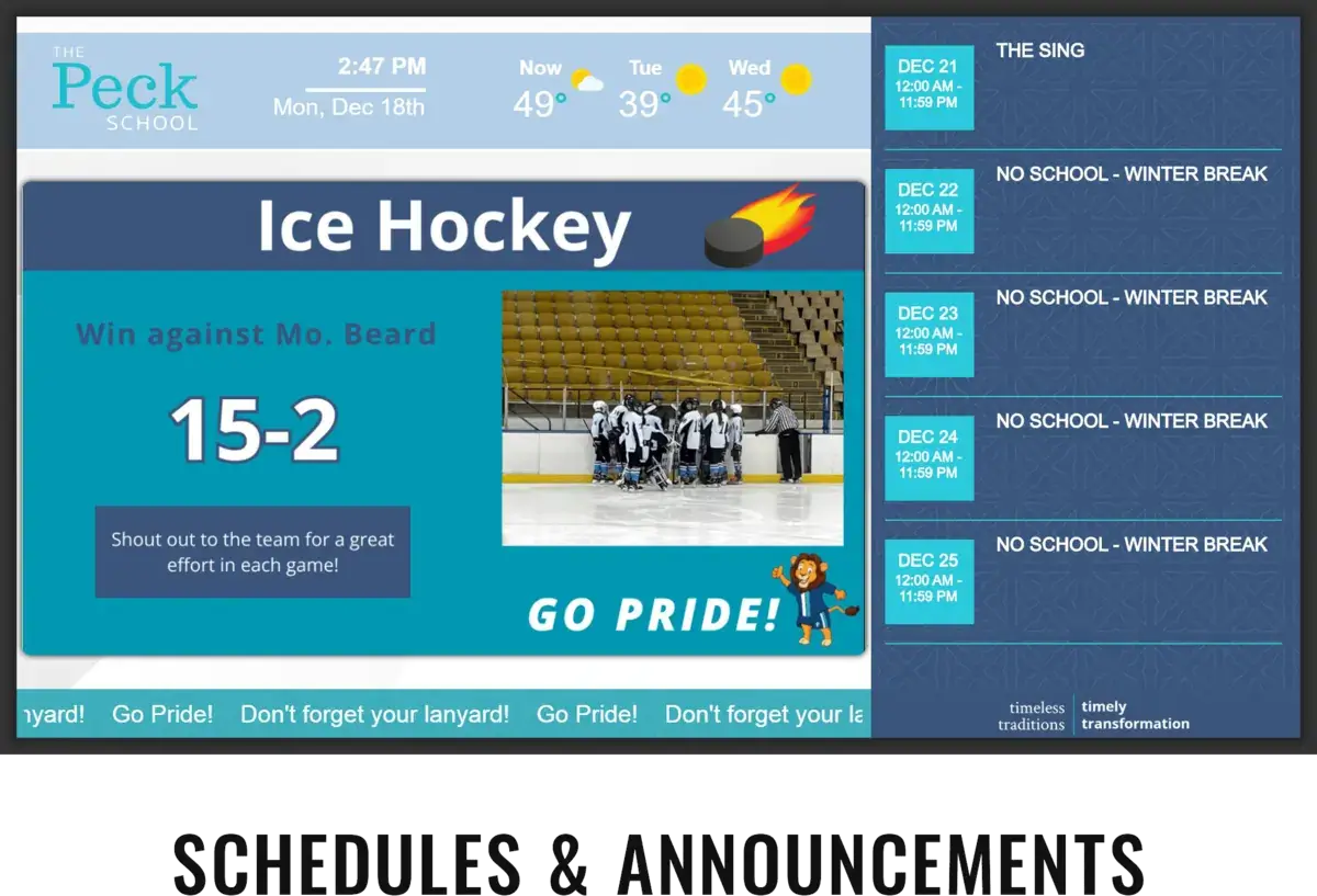 Peck school digital signage screen from Reach Media Network displaying daily schedules, weather, and announcements.