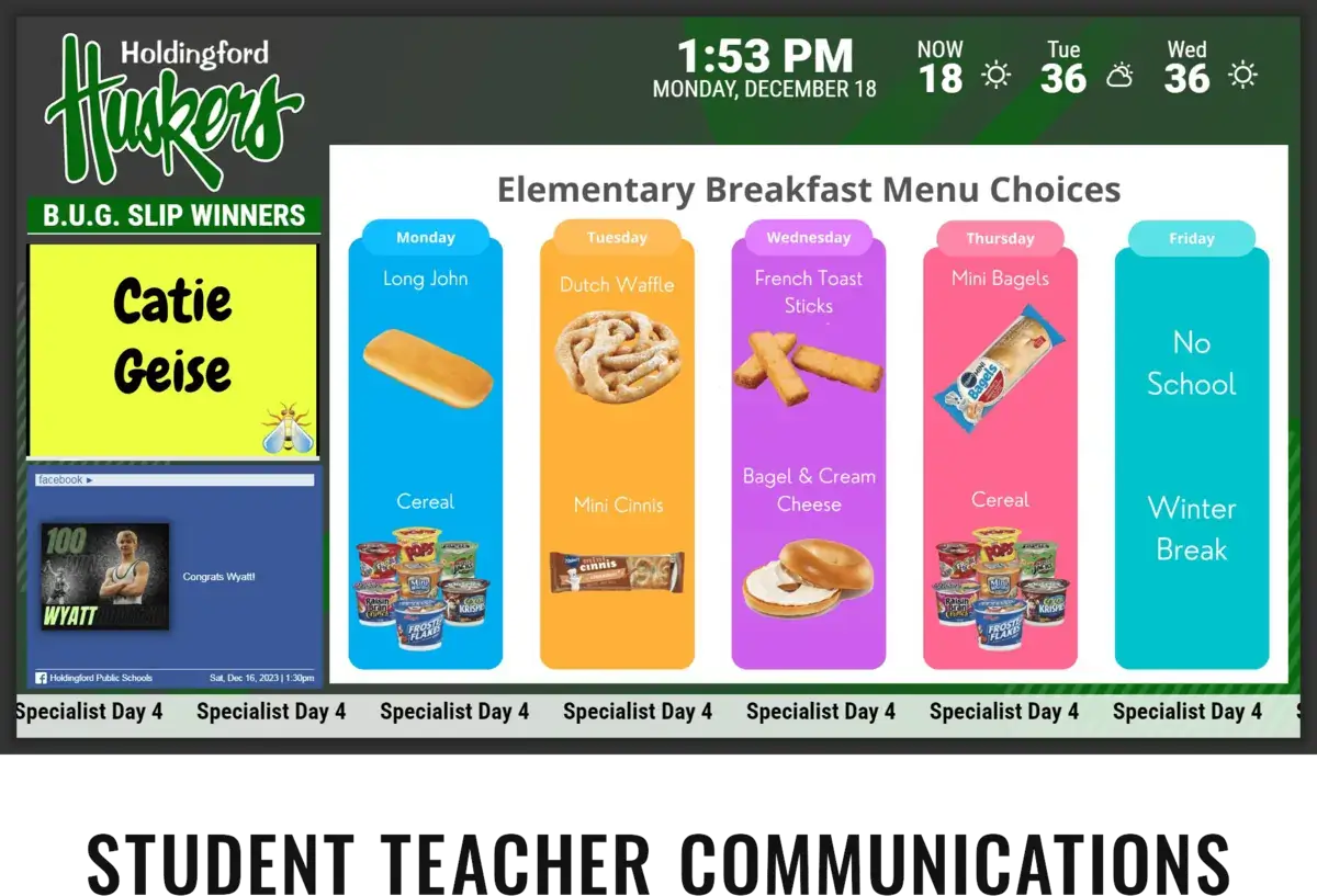 Elementary school digital signage screen from Reach Media Network displaying student awards, breakfast menu, and social media.
