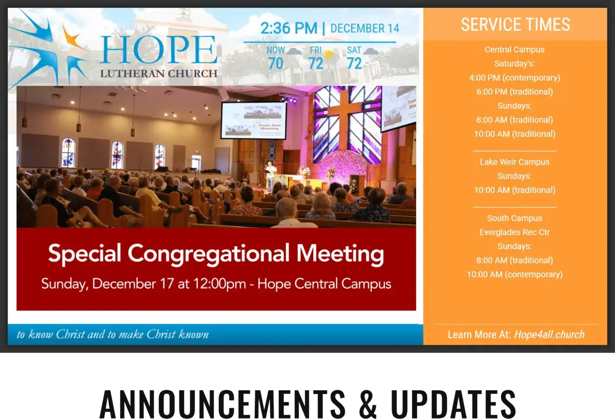 Hope Lutheran church digital signage screen from Reach Media Network displaying service times, announcements, and weather.