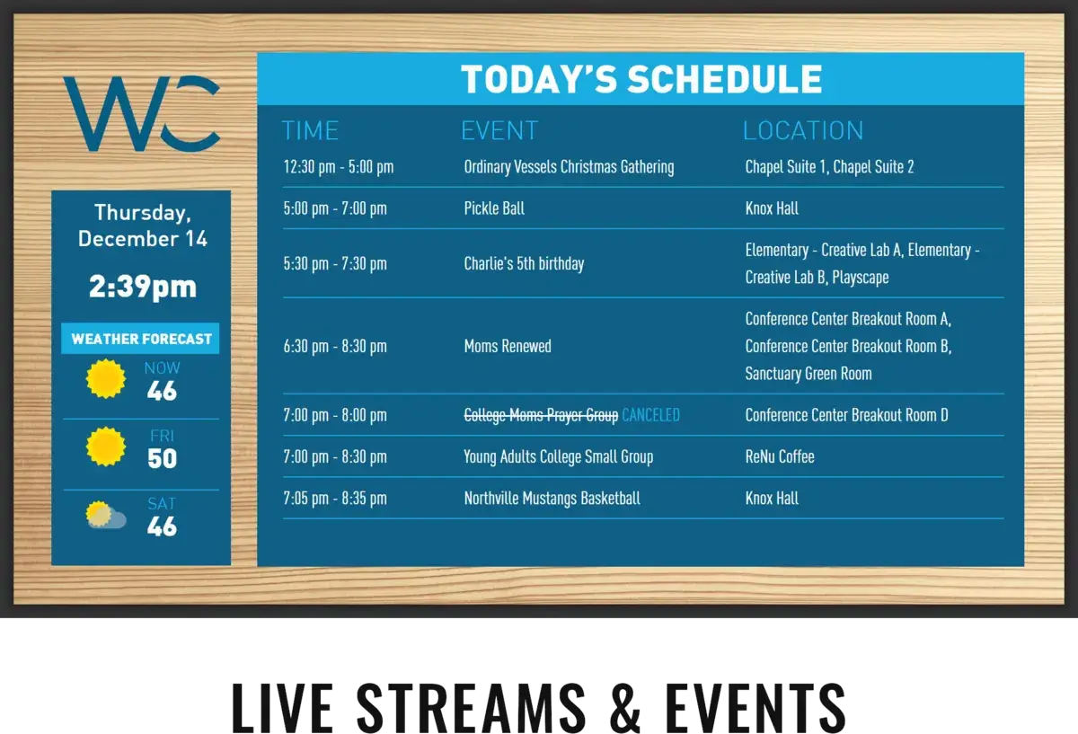 WC Church digital signage screen from Reach Media Network displaying daily schedule and weather.