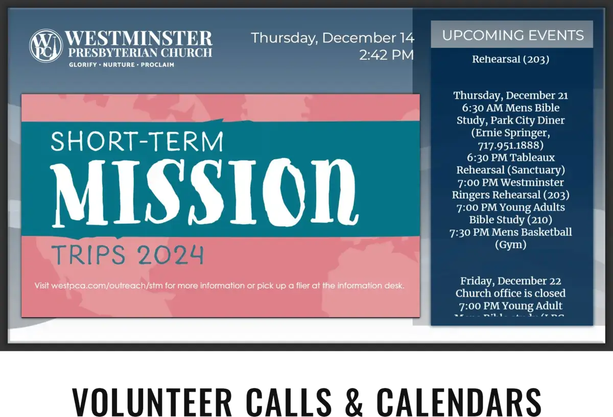 Westminister Presbyterian Church digital signage screen from Reach Media Network displaying upcoming events and announcements.