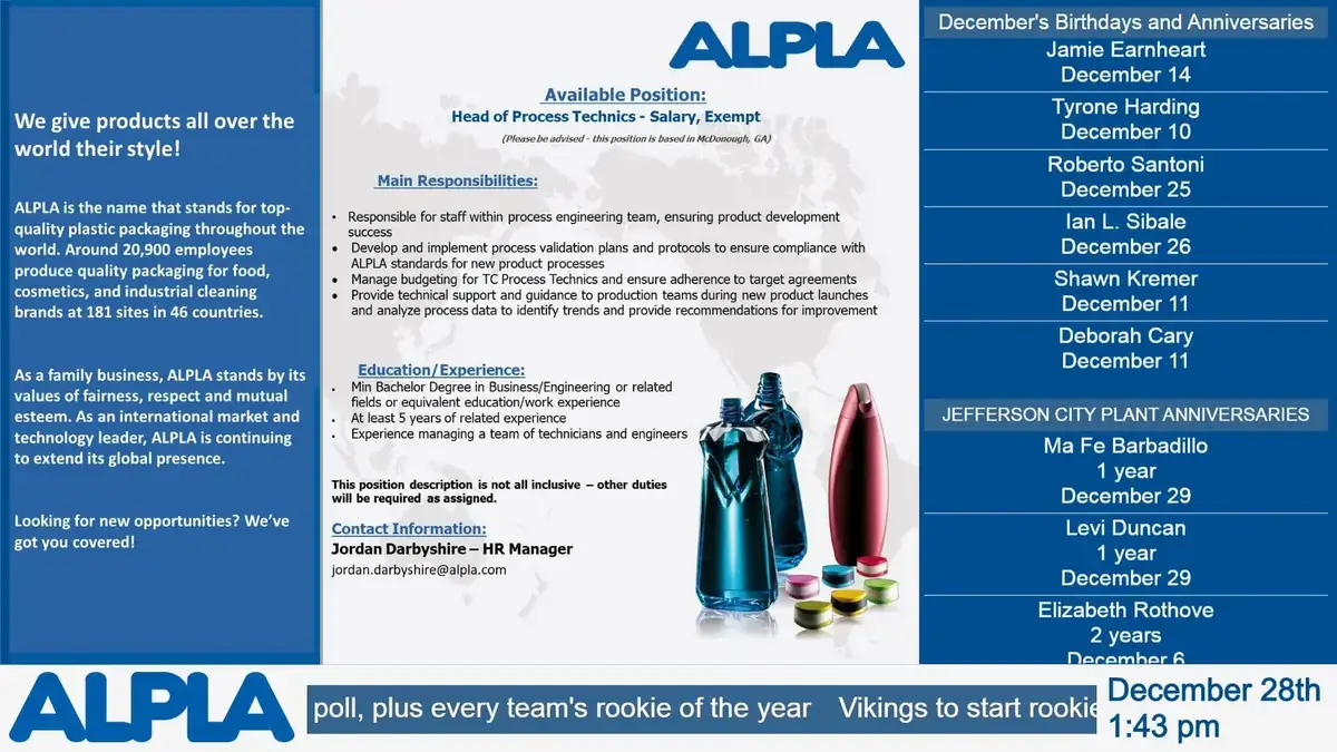 ALPLA digital signage software from Reach Media Network displaying birthdays, anniversaries, and announcements.