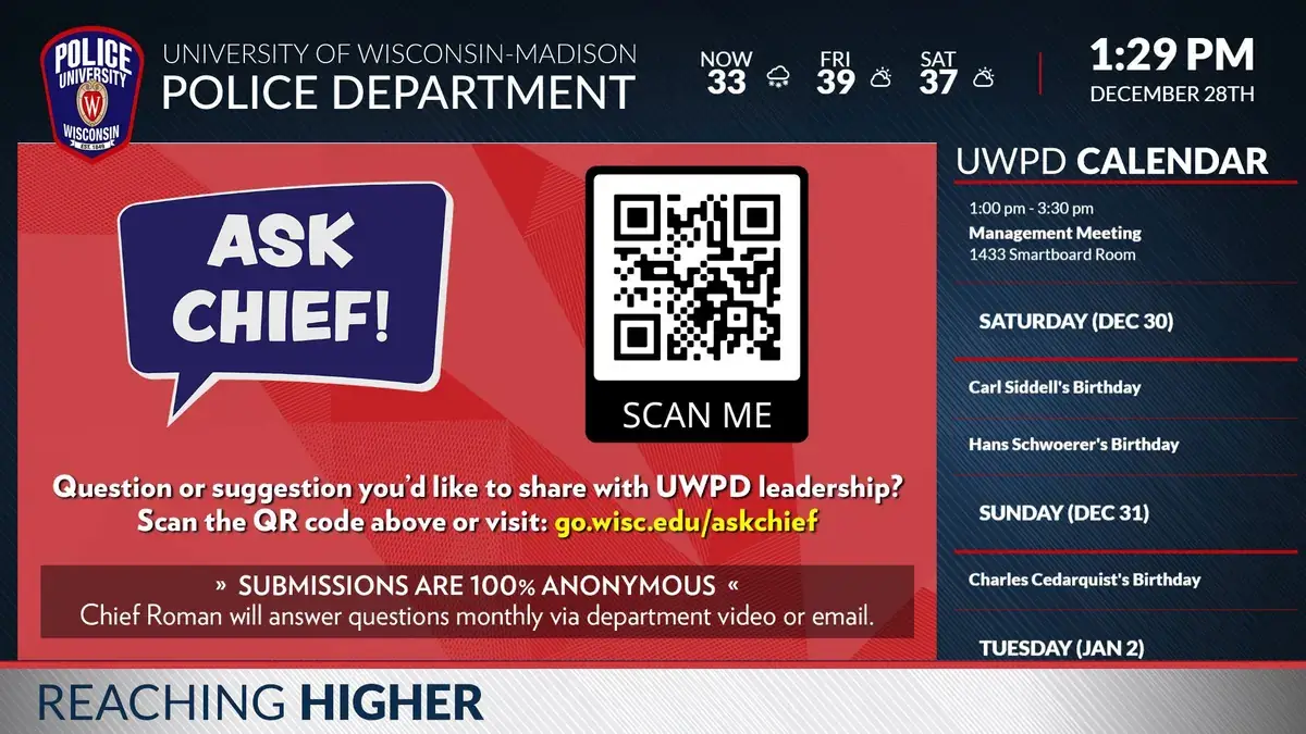 University of Wisconsin-Madison Police Department digital signage software from Reach Media Network displaying calendar, announcements, and local weather.