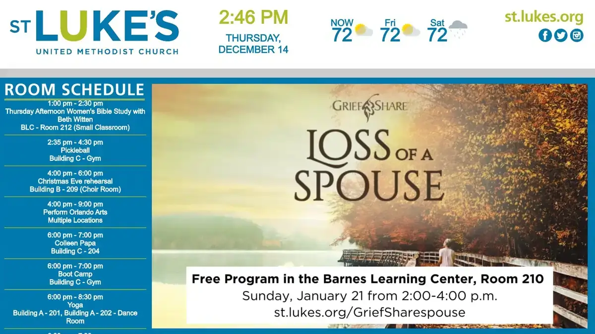 Reach-Media-Network-church-digital-signage-St-Lukes-United-Methodist-Church St. Luke's United Methodist Church digital signage software from Reach Media Network displaying weather, room schedule, and announcements.