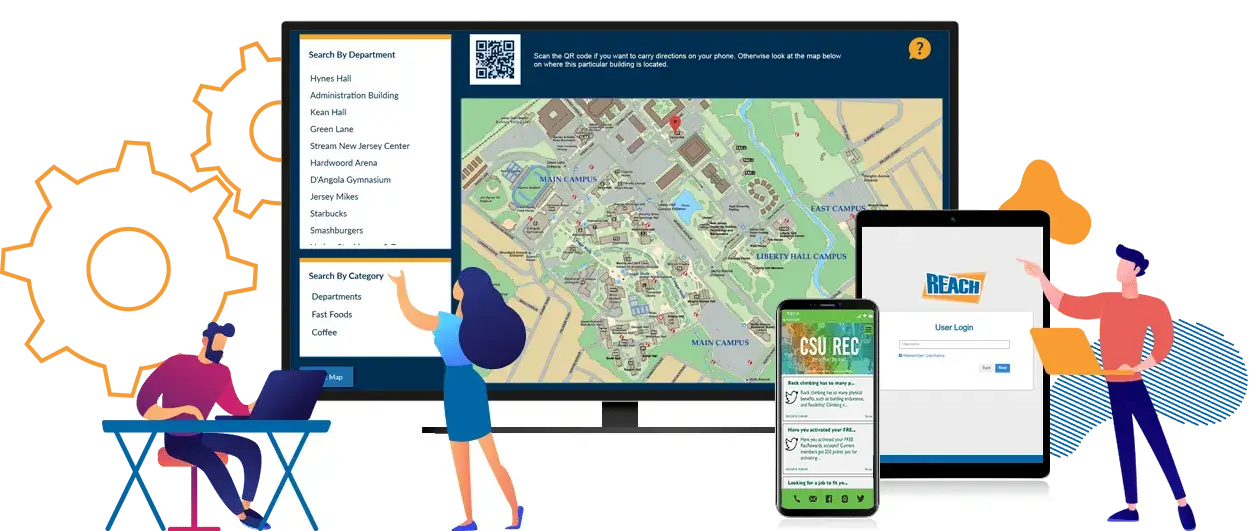 Reach Media Network cloud based digital signage software, cartoon employees