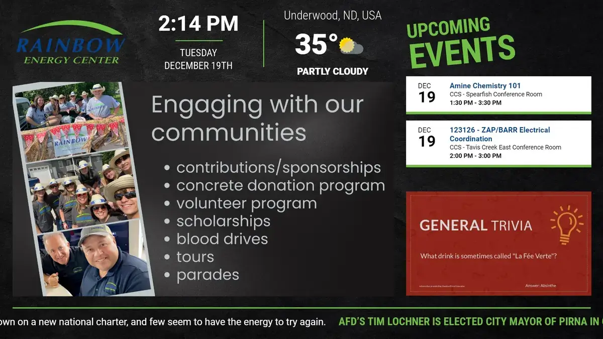 Rainbow Energy Center corporate digital signage software from Reach Media Network displaying trivia, upcoming events, and announcements.