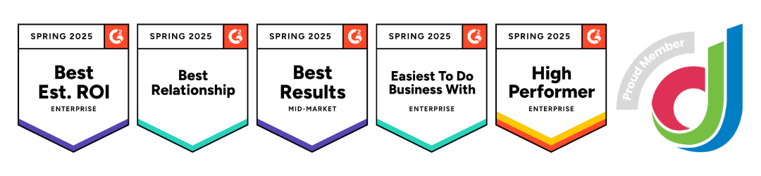 Icons of G2 badges for Spring 2025 showing REACH Media Network is Best Est. ROI for Enterprise, Best Relationship, Best Results for Mid-Market, Easiest To Do Business With for Enterprise, and a High Performer for Enterprise. There is also a logo with the Digital Signage Federation logo stating REACH Media Network is a proud member.