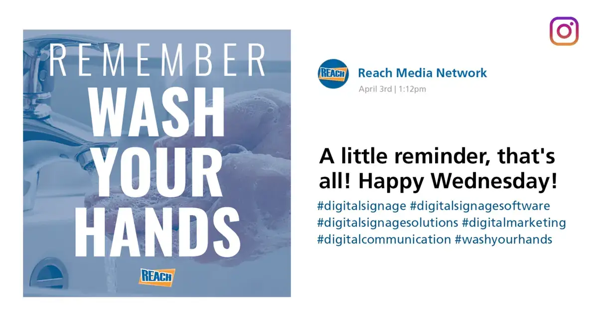 Digital signage screen displaying Instagram social media post and image for safe hygiene.