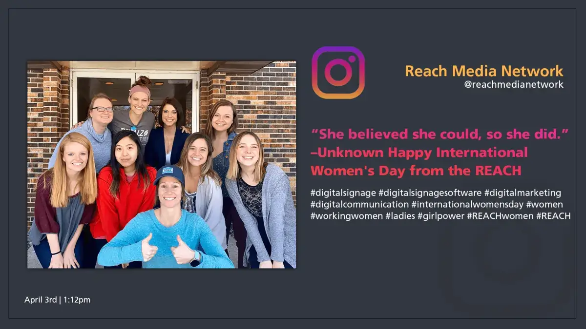 Digital signage screen displaying instagram social media post for Women's Day