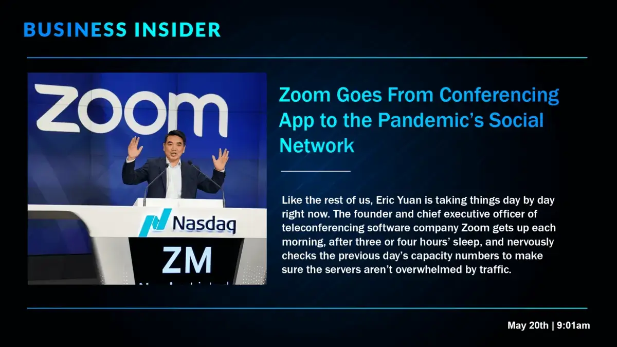 Digital Signage screen from Reach Media Network displaying Business Insider news headlines, black and blue colors.