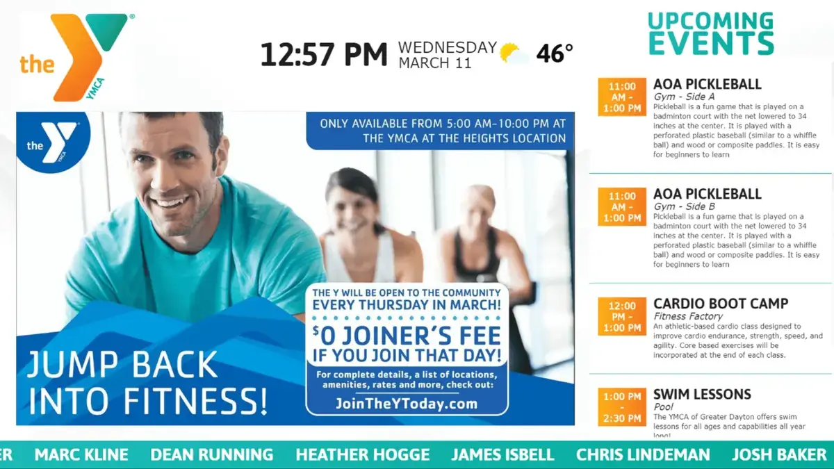 YMCA digital signage screen from Reach Media Network displaying major announcements, special offers, and upcoming events.