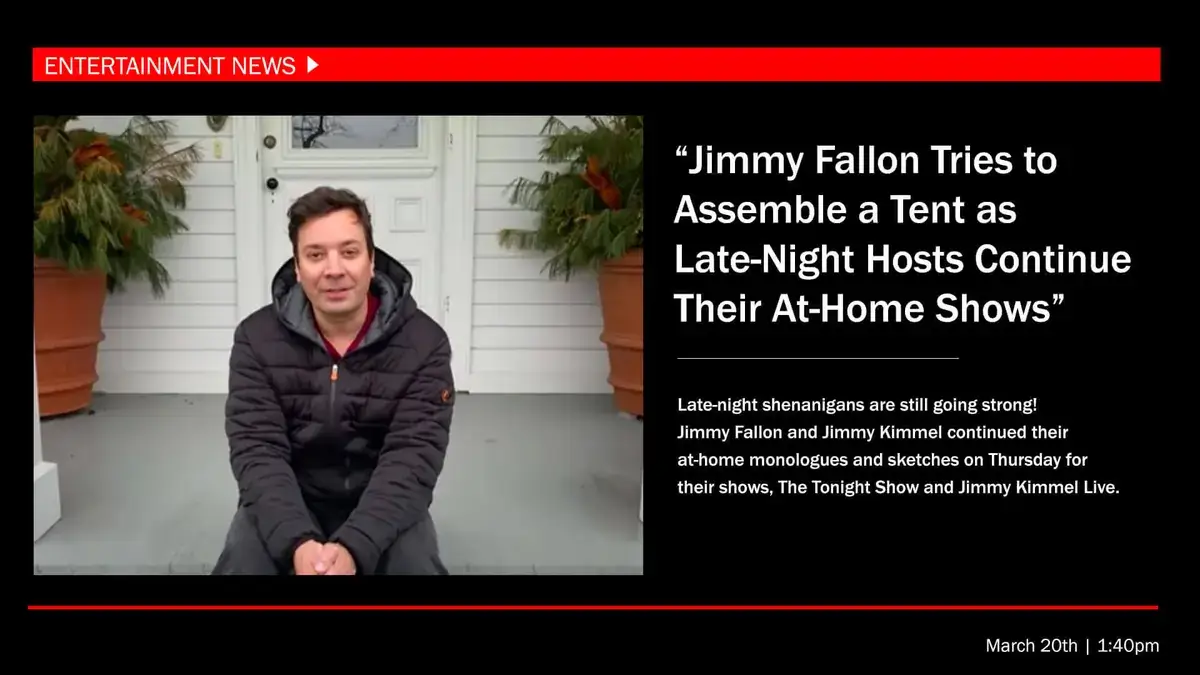 Digital signage from Reach Media Network displaying Jimmy Fallon entertainment news.