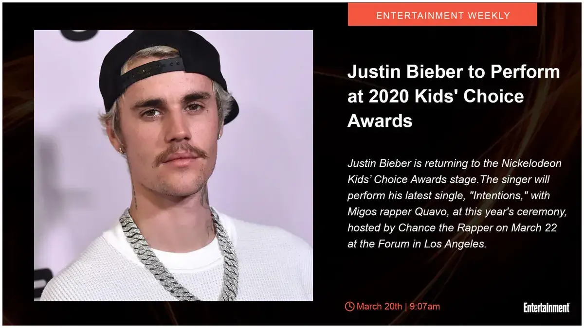 Digital signage screen from Reach Media Network displaying Kids' Choice Awards Entertainment news.