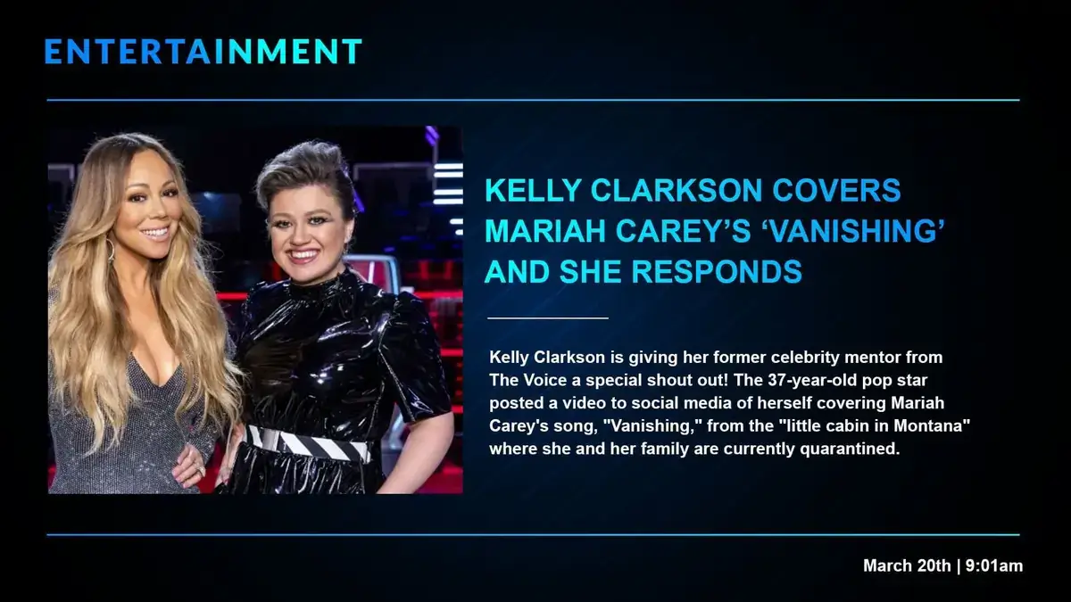Digital signage screen from Reach Media Network displaying Kelly Clarkson and Mariah Carey entertainment news.