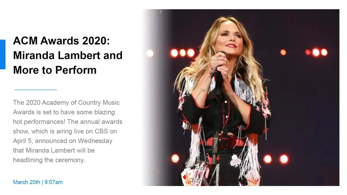 Digital signage screen from Reach Media Network displaying ACM award entertainment news.