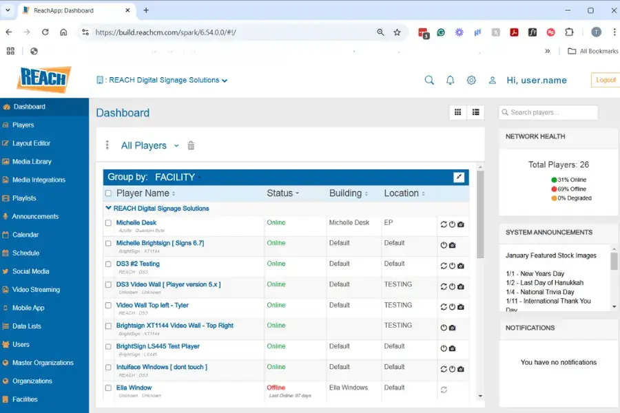 Reach Media Network digital signage CMS 1.0 dashboard screenshot