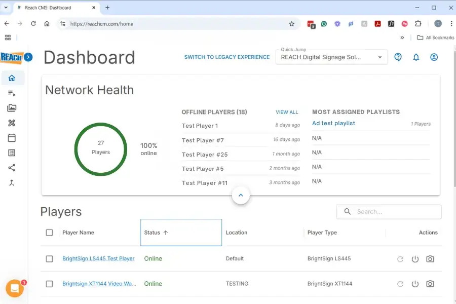 Reach Media Network digital signage CMS 2.0 dashboard screenshot