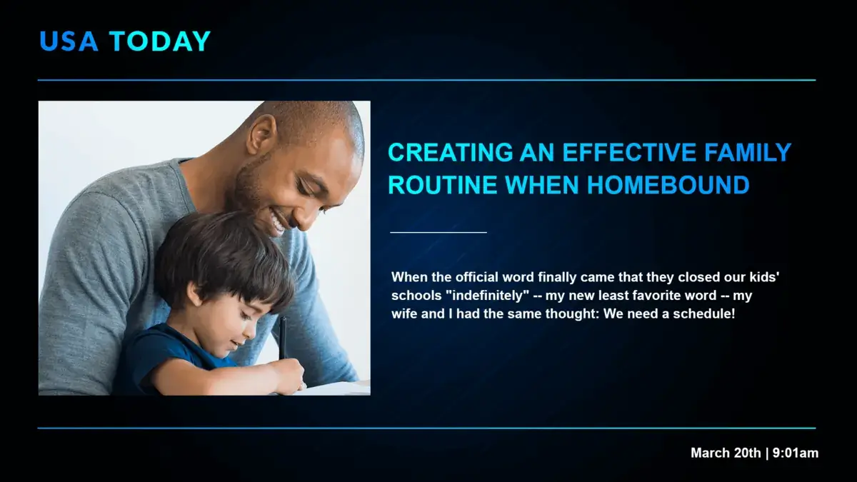 Digital signage screen from Reach Media Network displaying USA Today news headlines and imagery, black and blue colors