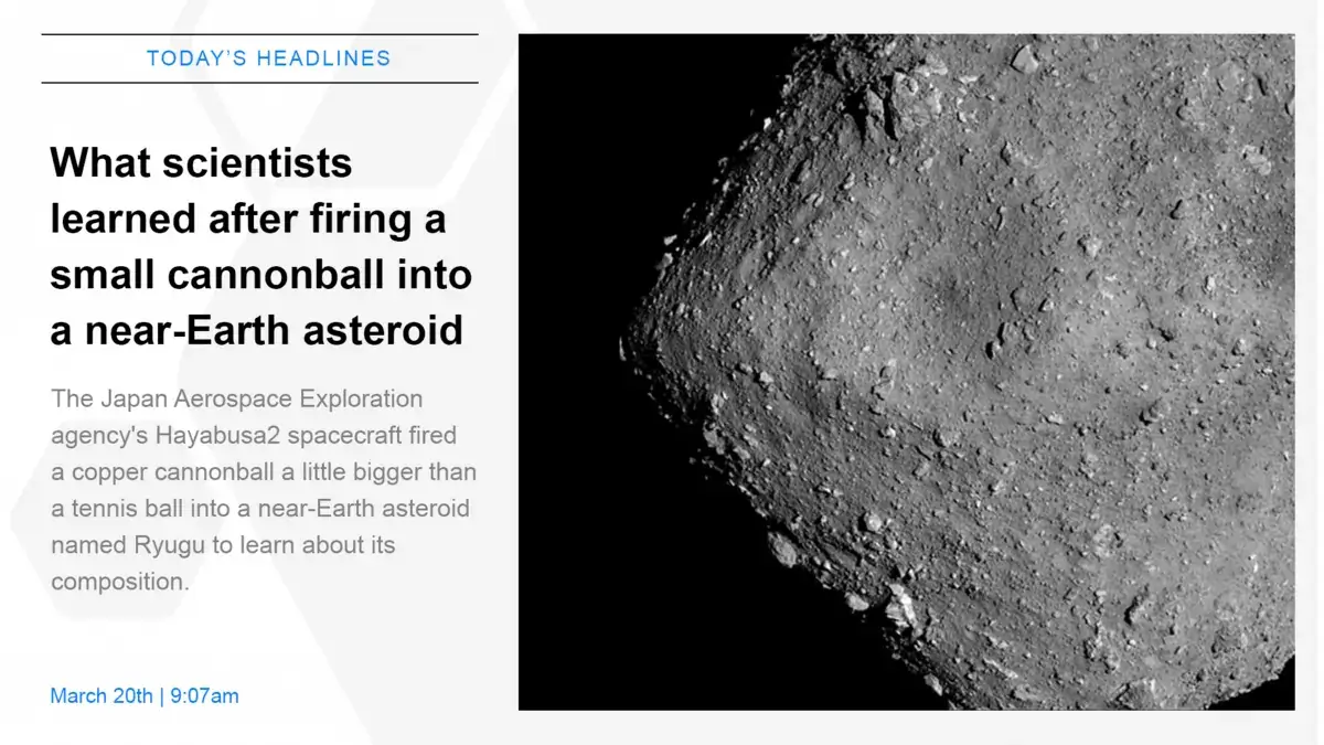 Digital signage screen displaying today's headlines and imagery, blue and white colors