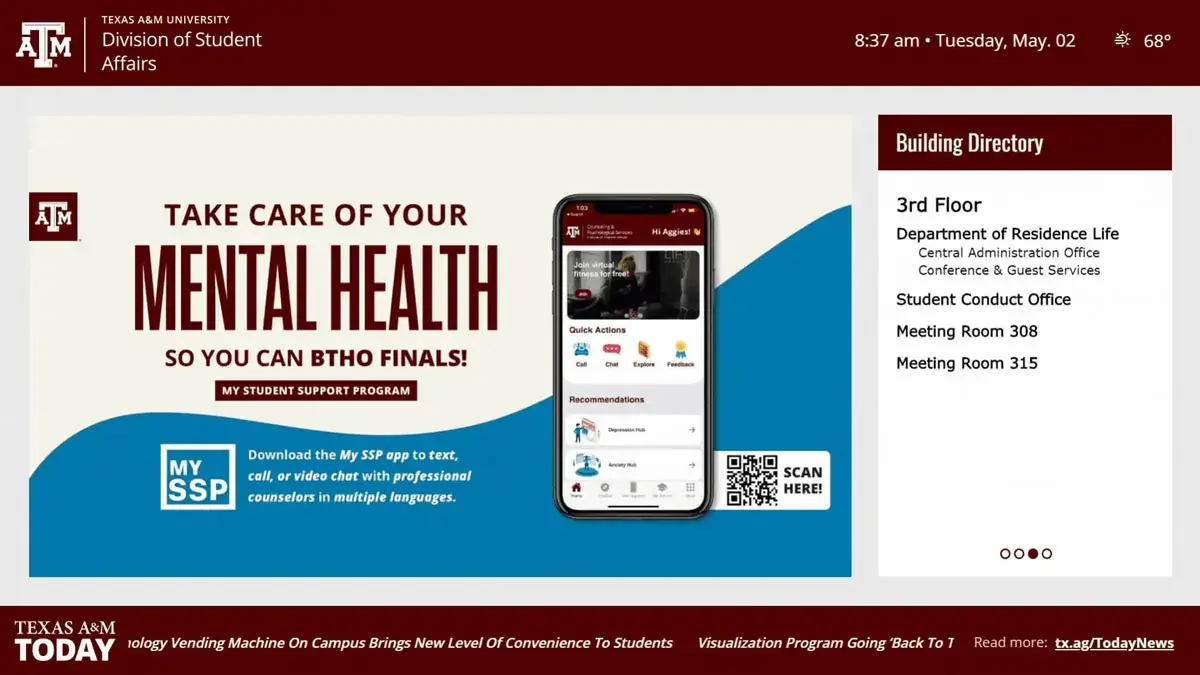 Texas A&M University digital signage software from Reach Media Network displaying news updates, building directory, and announcements.