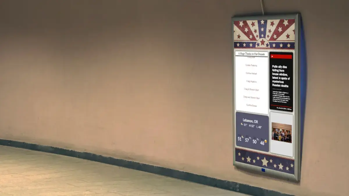 Vertical digital signage screen from Reach Media Network displaying donor names, news headlines, and weather.