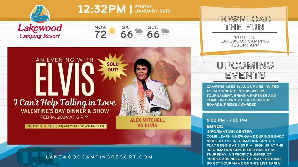 Lakewood Camping Resort digital signage screen from Reach Media Network displaying upcoming events and announcements.