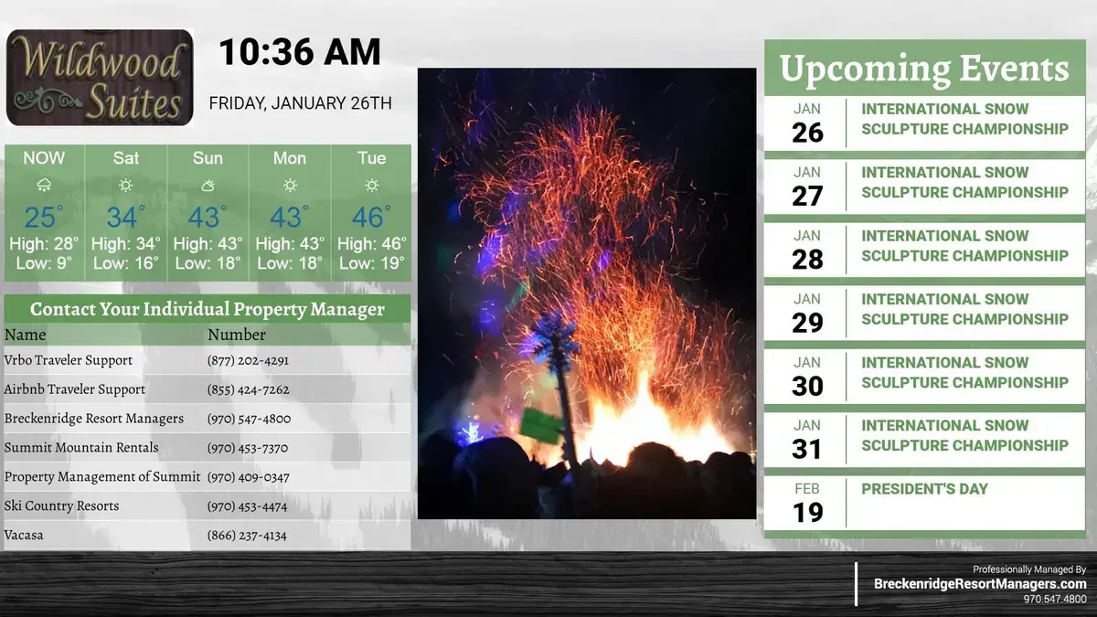 Wildwood suites digital signage screen from Reach Media Network displaying upcoming events, weather, and contact information.