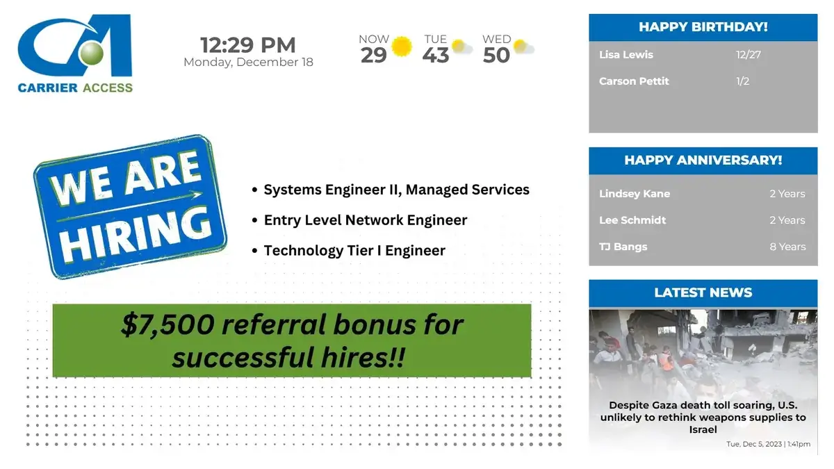 Reach-Media-Network-manufacturing-digital-signage-Carrier-Access-Clive-Iowa Carrier Access Clive Iowa digital signage software from Reach Media Network displaying weather, birthdays and anniversaries, latest news, and announcements.