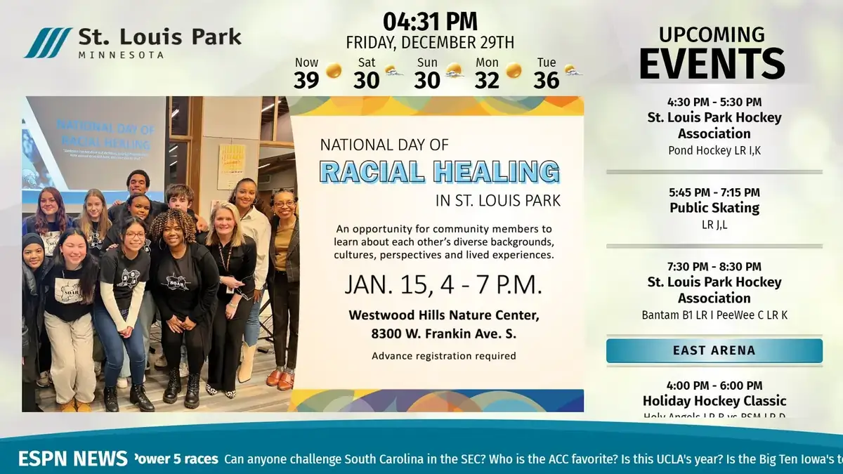 St. Louis Park, MN local government digital signage screen from Reach Media Network displaying upcoming events, sports news, and announcements.