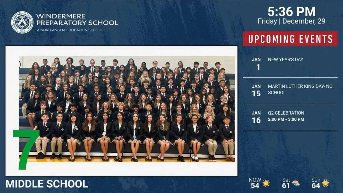 Windermere Preparatory School digital signage screen from Reach Media Network displaying student class imagery and upcoming events.