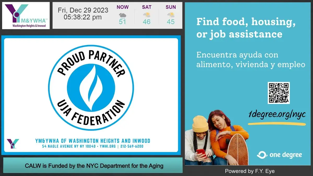 YM&YWHA community center digital signage screen from Reach Media Network displaying weather, announcements, and program info.