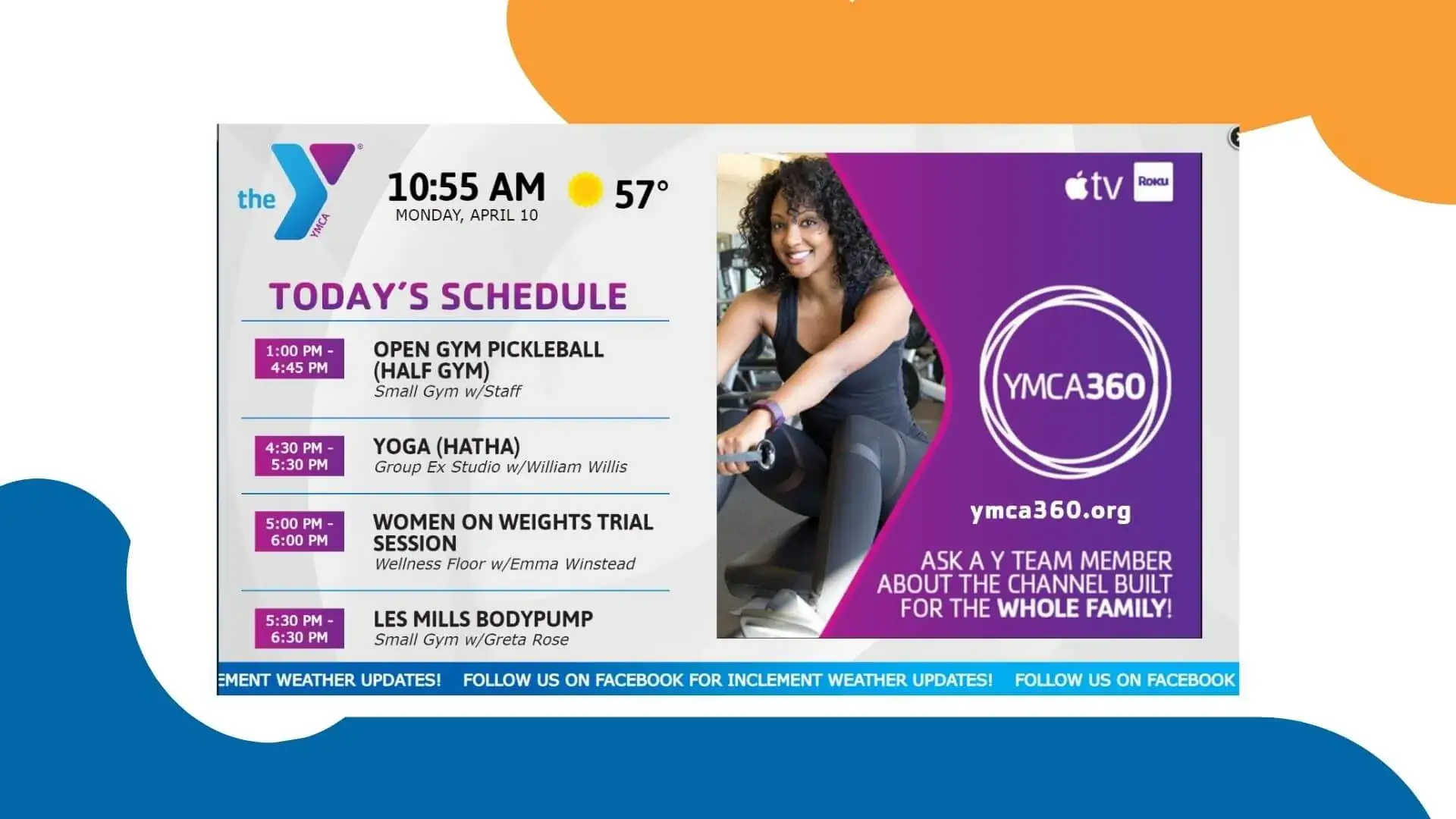 YMCA digital signage example from Reach Media Network displaying digital announcements and scrolling calendar