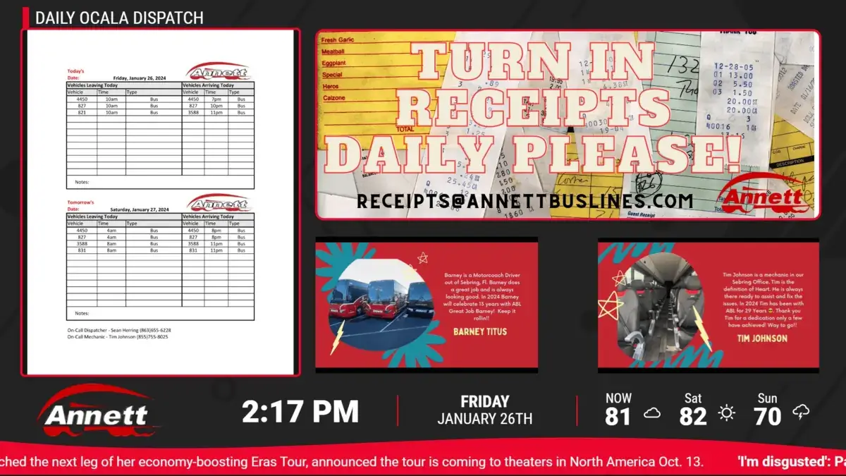 Reach-Media-Network-transportation-digital-signage-Annett-Bus-Lines Annett Bus Lines transportation digital signage screen from Reach Media Network displaying announcements, dispatch schedule, and customer reviews.