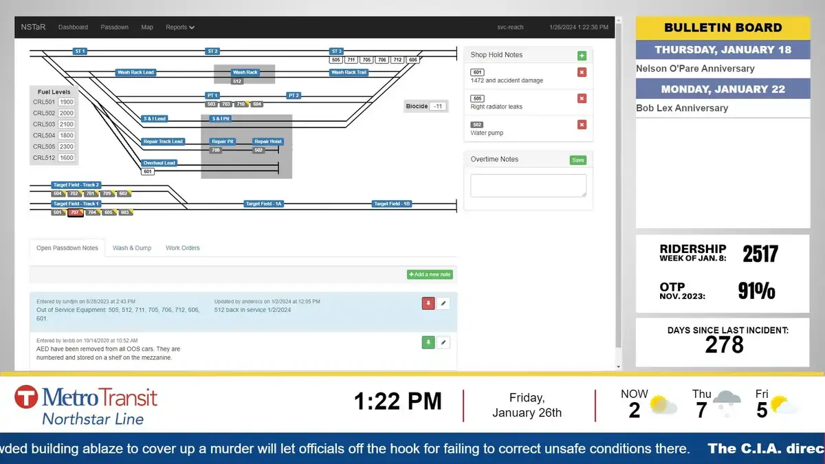 Reach-Media-Network-transportation-digital-signage-Metro-Transit Metro Transit Northstar Line digital signage screen from Reach Media Network displaying anniversaries, metrics, and fuel stop map.