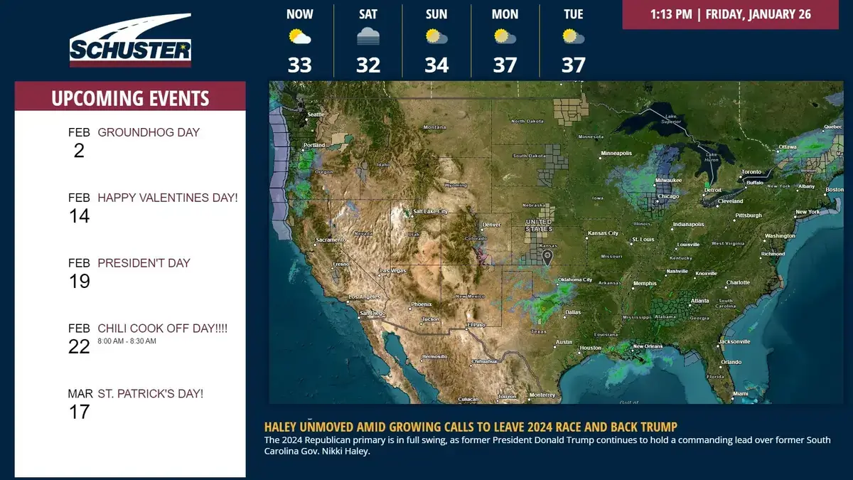 Schuster transportation digital signage screen from Reach Media Network displaying weather map and upcoming events.