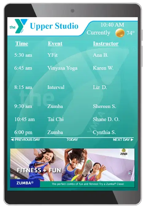 YMCA vertical digital signage touchscreen displaying event schedule, Reach Media Network