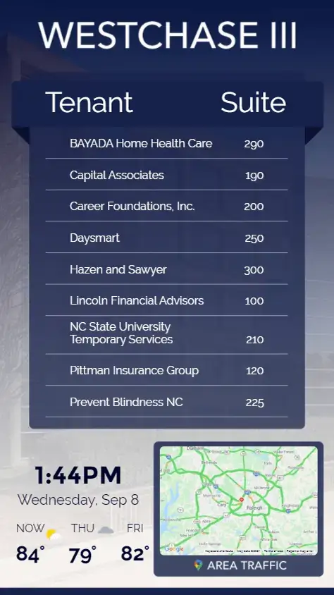 Westchase III vertical digital signage directory from Reach Media Network displaying traffic, weather radar and directory