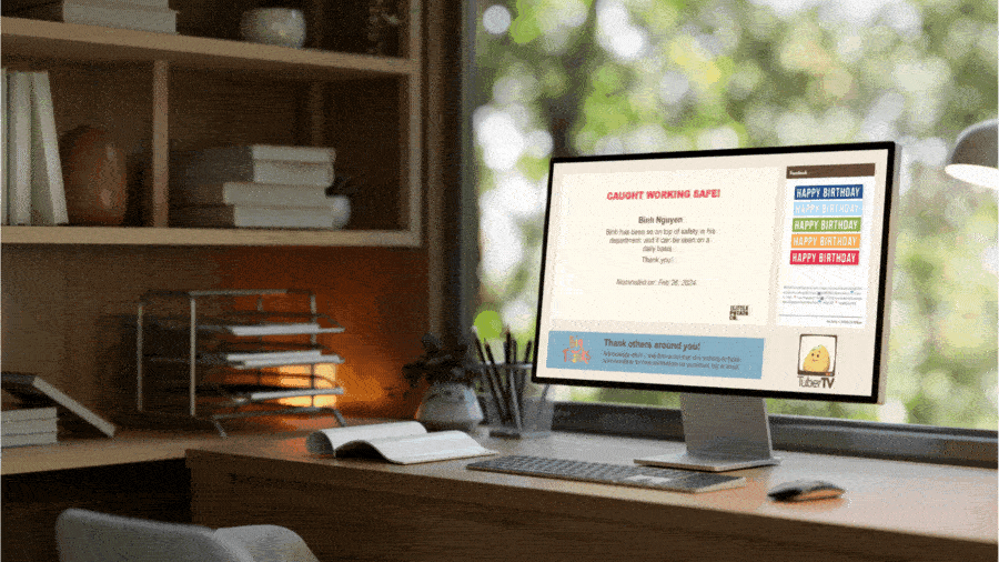 Animated, web-based digital signage displaying announcements and social media.