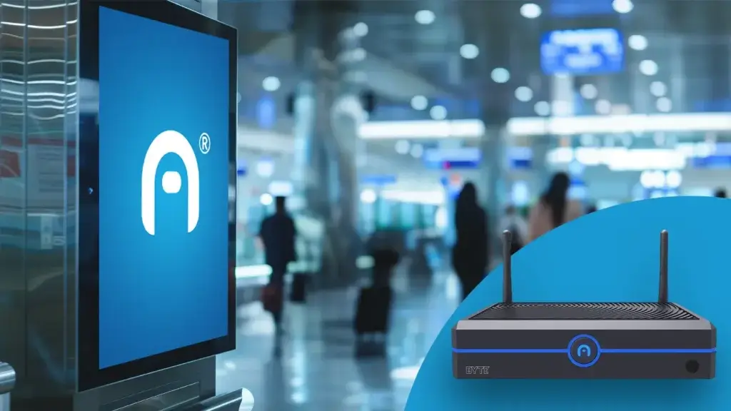 Azulle mini pc digital signage hardware and screen from Reach Media Network featured in airport.