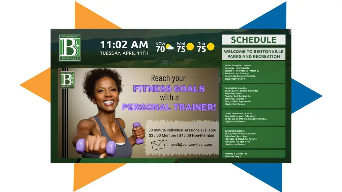Bentonville Parks & Rec calendar digital signage from Reach Media Network displaying scrolling calendar, fitness announcements, and weather