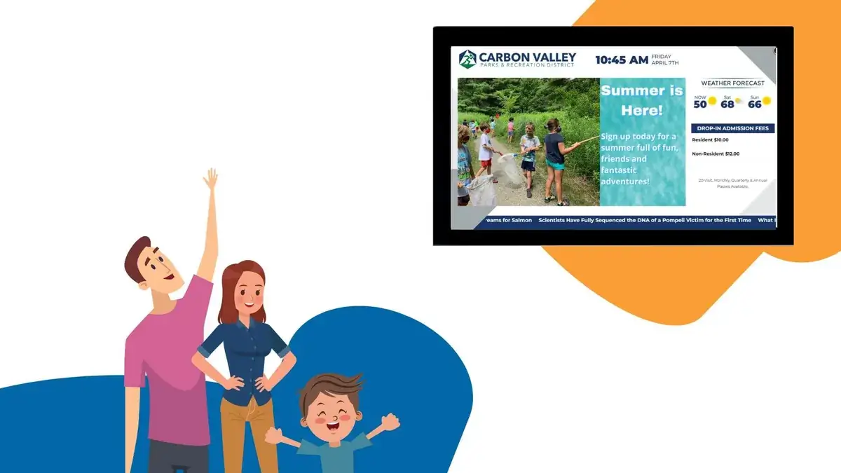 Reach-Media-Network-Summer-Camp-digital-signage-Carbon-Valley-Parks-and-Rec Carbon Valley Parks and recreation digital signage from Reach Media Network displaying summer camp announcements and admission details.