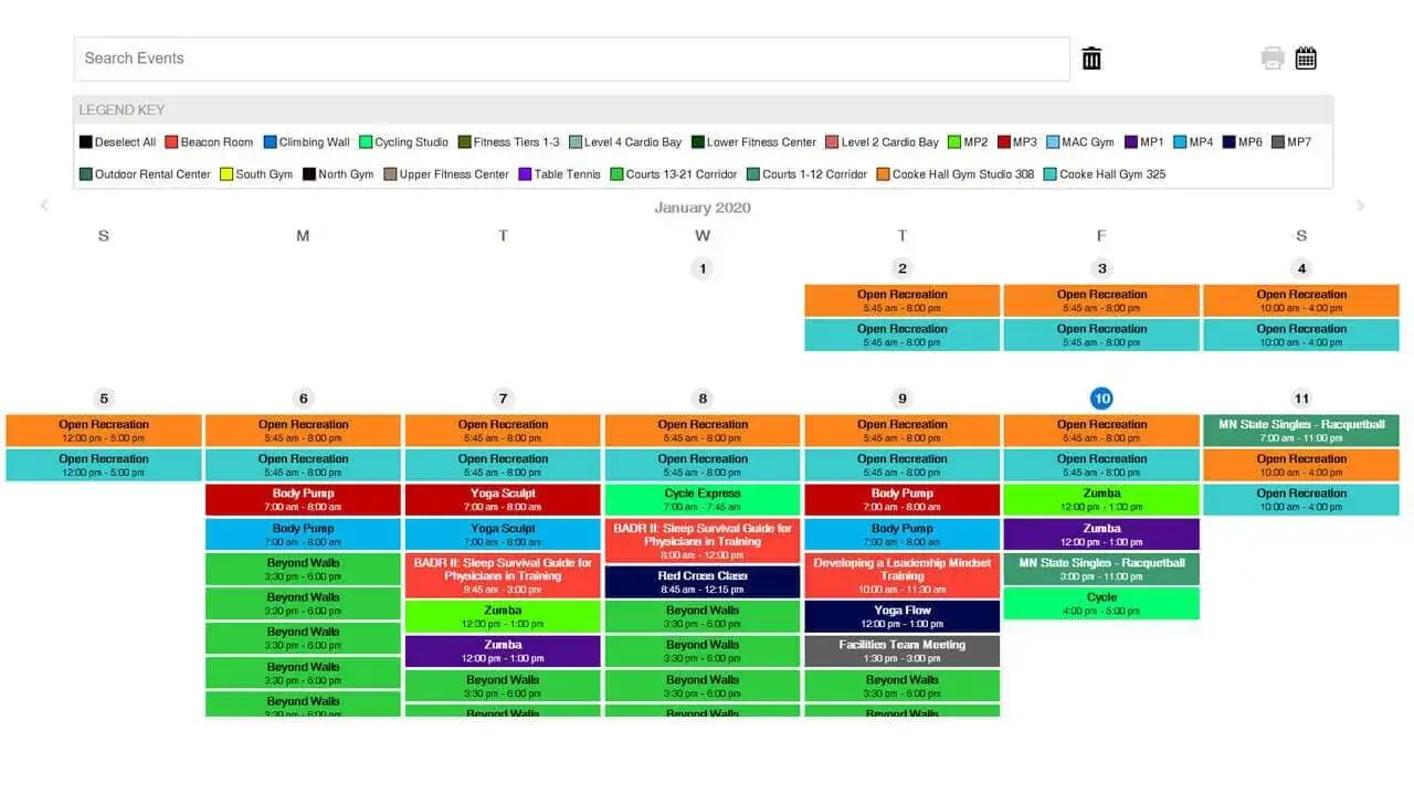 Digital signage touchscreen from Reach Media Network displaying calendar month-view.